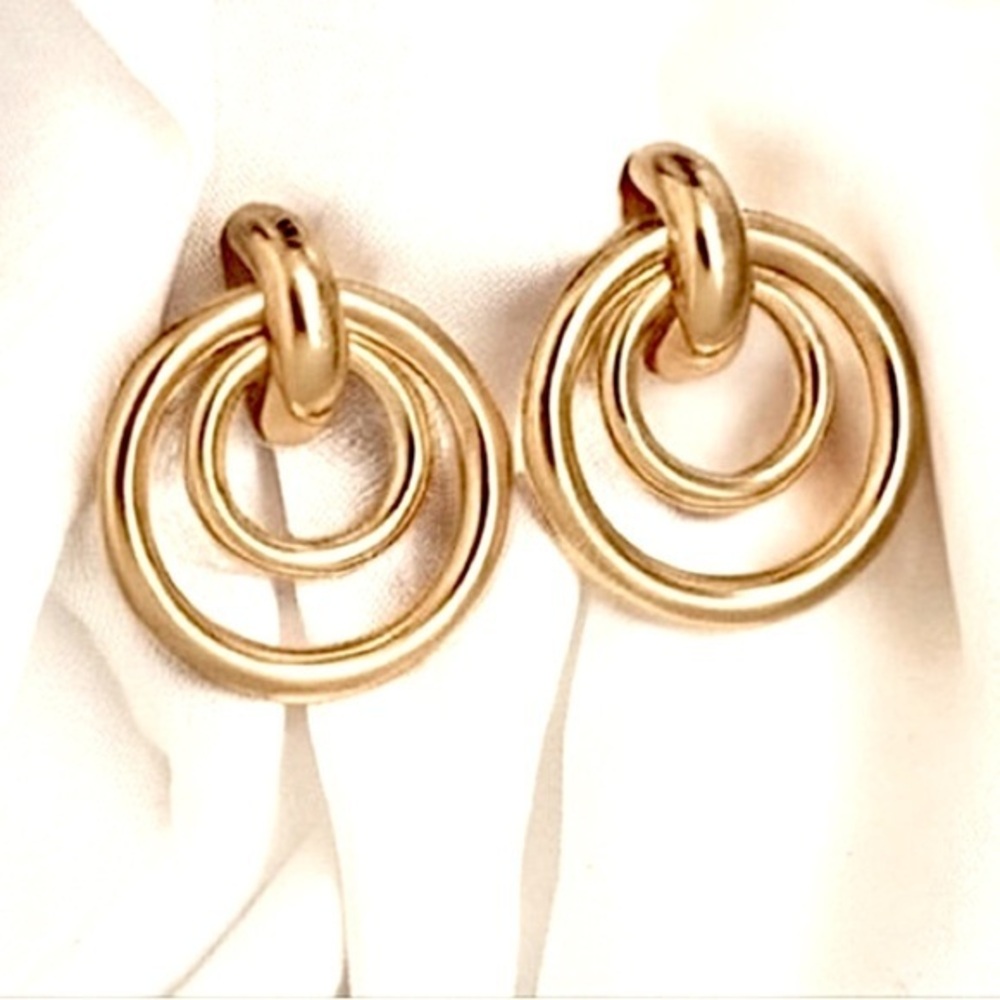 Anthropologie Door Knocker Double Circle Shiny Gold Hoop Earrings